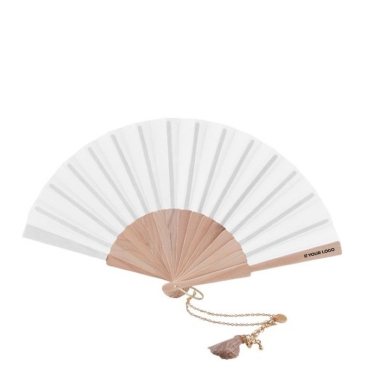 Leque de 23 cm com pulseira dourada e pompom decorativo