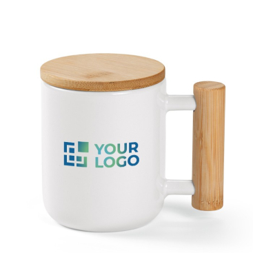 Caneca de porcelana com tampa e alça dupla de bambu 320ml