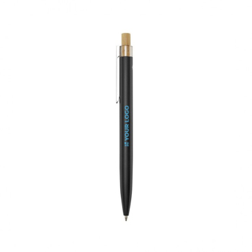 Caneta de alumínio e bambu com detalhe transparente tinta azul