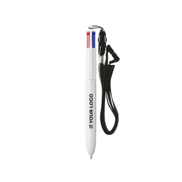 Caneta de plástico reciclado com lanyard e tinta de 4 cores BIC®