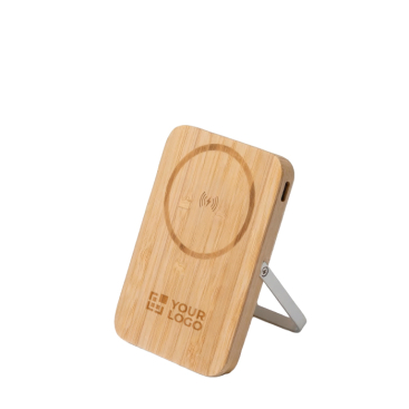 Bateria externa magnética sem fios em bambu com suporte 5.000 mAh