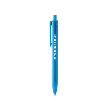Caneta de plástico reciclado, clip e botão a condizer, tinta azul