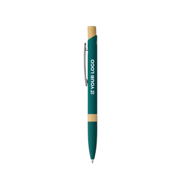 Caneta de alumínio reciclado com botão de bambu tinta azul