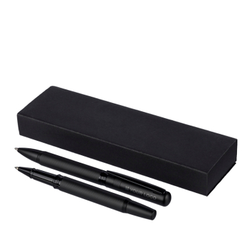 Conjunto de escrita com caneta e roller de metal, tinta azul