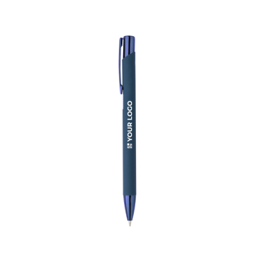 Caneta de botão de alumínio reciclado e borracha, tinta azul