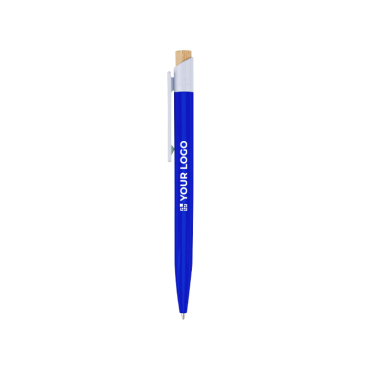 Caneta de plástico com botão de bambu e clipe branco, tinta azul