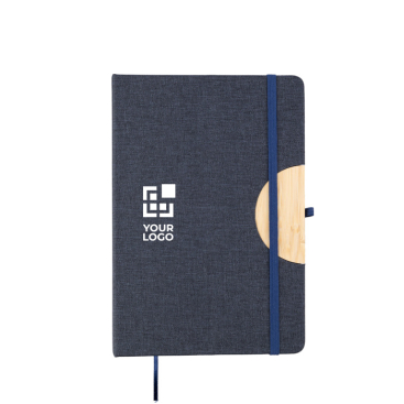 Caderno A5 em RPET e bambu com suporte para telemóvel, folhas pautadas