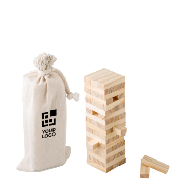 Jogo de habilidade com blocos de madeira de pinho FSC em bolsa de algodão