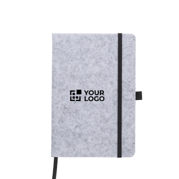 Caderno A5 em feltro reciclado com fecho elástico, folhas pautadas