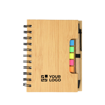 Bloco de notas em bambu com notas adesivas, caneta e folhas pautadas