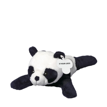 Peluche em forma de panda deitado com etiqueta personalizável
