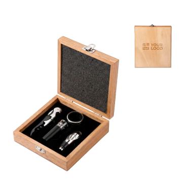 Set de vinho com acessórios em aço inoxidável numa caixa de madeira
