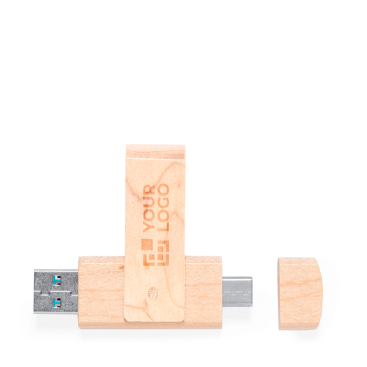 Pen USB de madeira clara com clipe giratório e ligação dupla Tipo-C