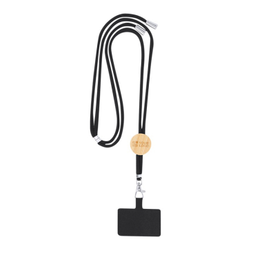 Lanyard e acessório de rPET para levar o telemóvel, detalhe de bambu