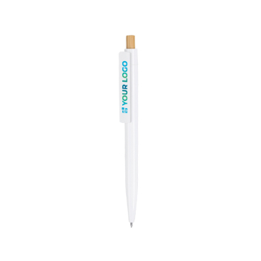 Caneta de plástico e botão de bambu com tinta azul