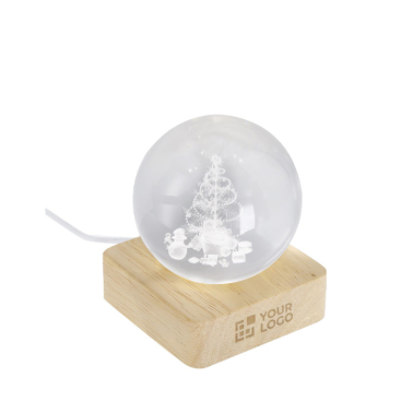 Decoração de Natal em bola de vidro com base de madeira e luz quente