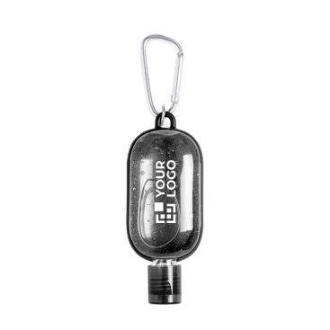 Frasco de gel hidroalcoólico com mosquetão promocional 30 ml