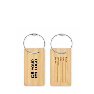 Etiqueta de bagagem de bambu com corda de aço inoxidável