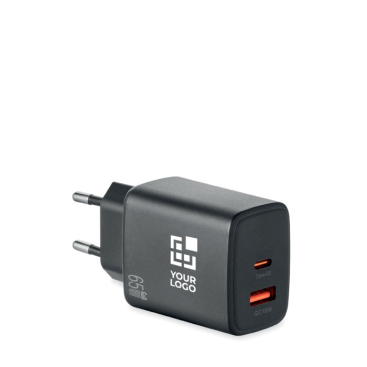 Carregador de parede UE com USB-A e USB-C de carregamento rápido 65W