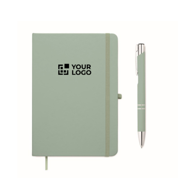Conjunto de caderno em PU A5 com esferográfica azul e folhas pautadas