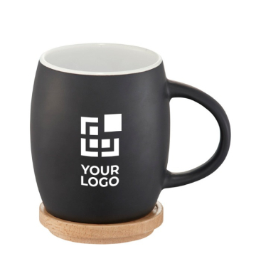 Caneca cerâmica com base ou tampa de madeira cor branco