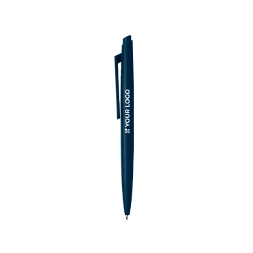 Caneta de plástico reciclado com design minimalista, tinta azul