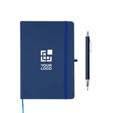 Conjunto de caderno A5 de capa rígida e caneta de tinta azul