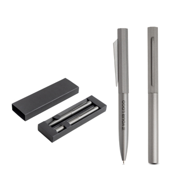Conjunto de caneta e roller de alumínio, design hexagonal, tinta preta