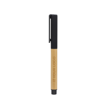 Caneta roller de bambu com tampa e clipe de plástico, tinta preta