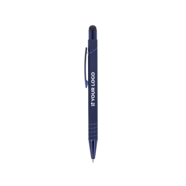 Caneta com ponteira ótica e clipe metálico, tinta azul