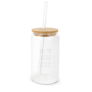 Copo de vidro com tampa de rosca de bambu e palhinha 450ml