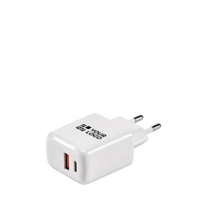 Carregador de parede em plástico reciclado com portas USB-A e USB-C 20W