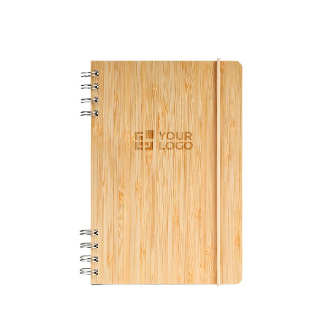 Caderno A5 em bambu com espiral e elástico de fecho, folhas pontilhadas