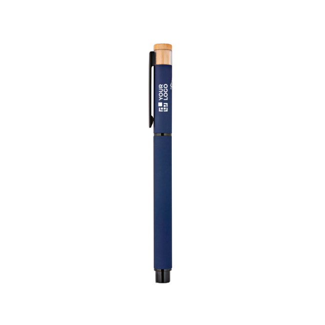 Caneta roller em alumínio reciclado e bambu com tinta azul
