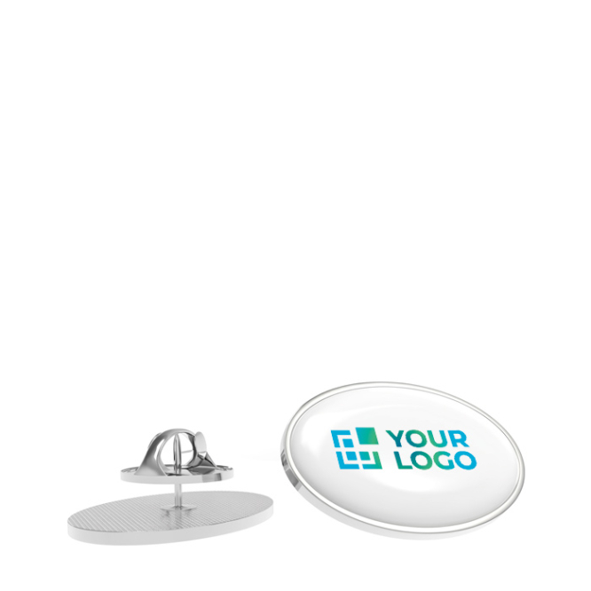 Pin metálico oval com acabamento abobadado e fecho seguro