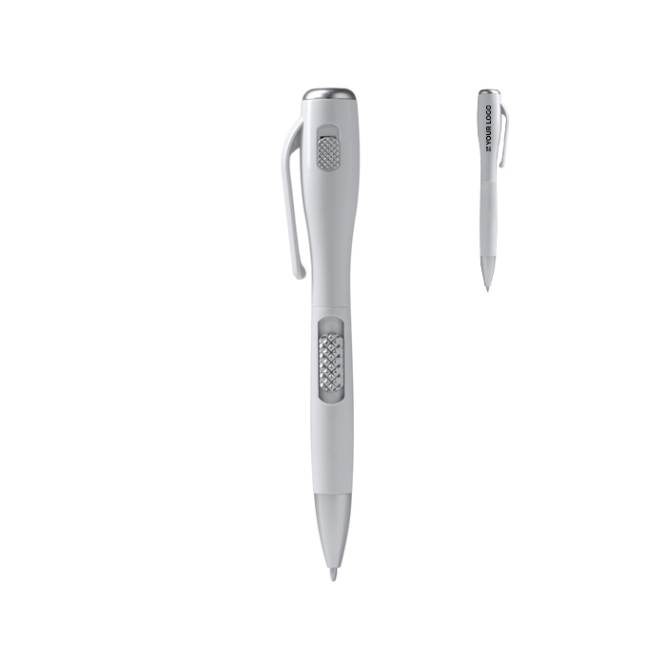 Caneta de plástico com lanterna LED, mecanismo de pressão e tinta azul