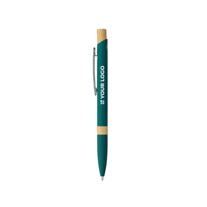 Caneta de alumínio reciclado com botão de bambu tinta azul