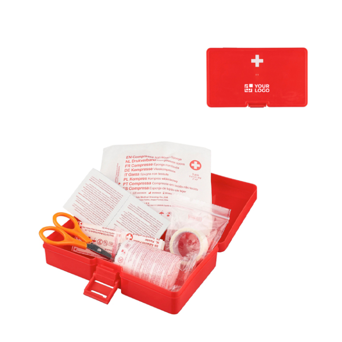 Kit de primeiros socorros, caixa de plástico, fecho clipe e 15 artigos