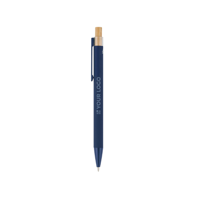 Caneta de alumínio reciclado com botão de bambu, tinta azul