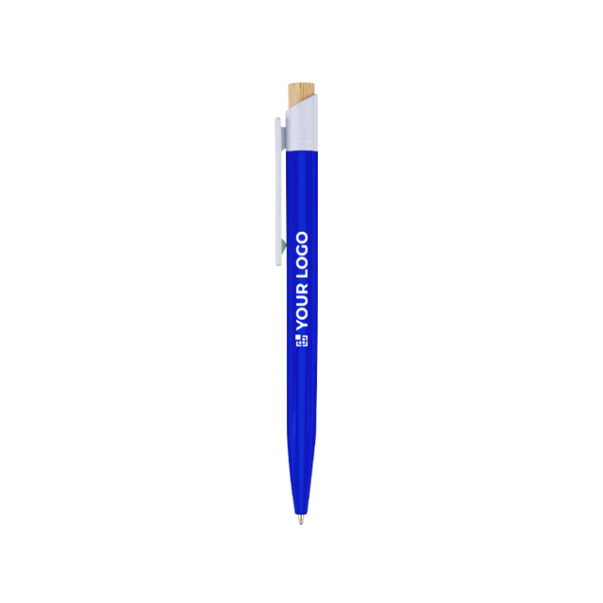 Caneta de plástico com botão de bambu e clipe branco, tinta azul