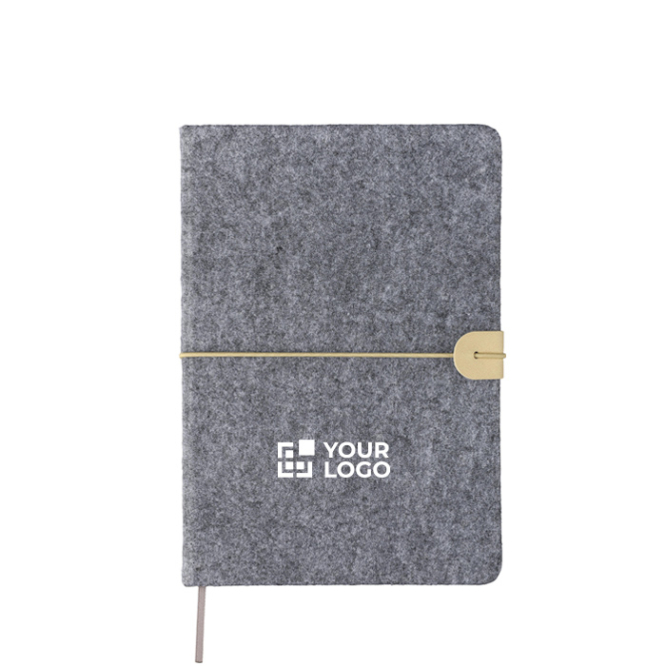 Caderno A5 em feltro reciclado com fecho em pele sintética e folhas pautadas