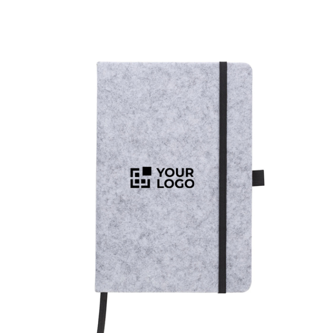 Caderno A5 em feltro reciclado com fecho elástico, folhas pautadas