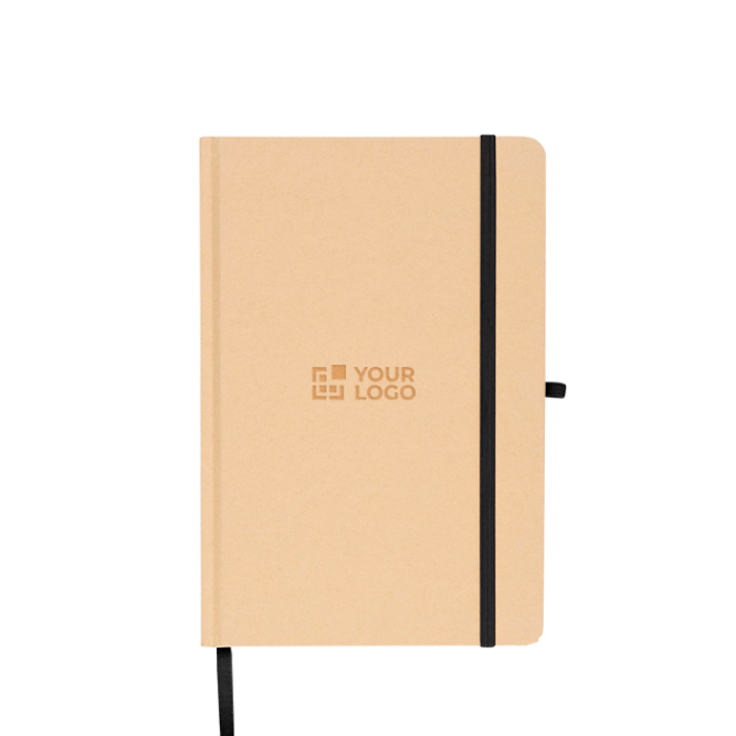 Caderno A5 com capa rígida em kraft, elástico e folhas pautadas