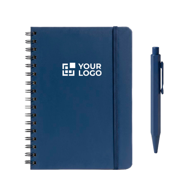 Set caneta alumínio com tinta azul e caderno A5 em PU com pautado