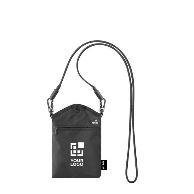 Bolsa tiracolo de rPET com proteção RFID e cordão com função de cabo