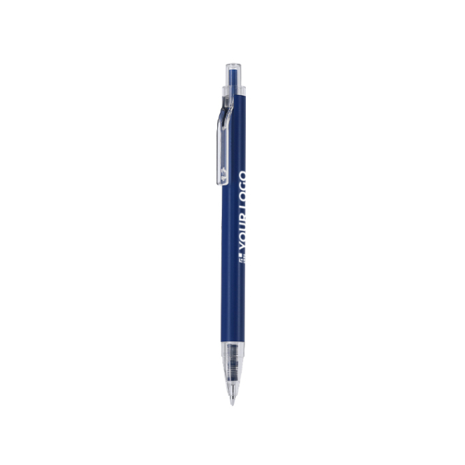 Caneta de alumínio reciclado com detalhes transparentes, tinta azul