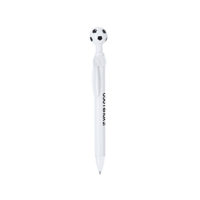 Caneta de botão com aspecto de bola de futebol e tinta azul
