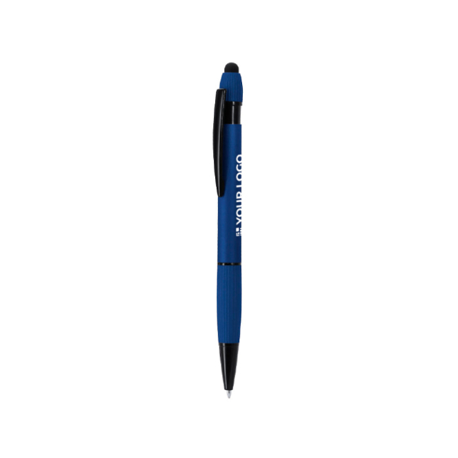 Caneta ponteira, alumínio reciclado acabamento de borracha, tinta azul