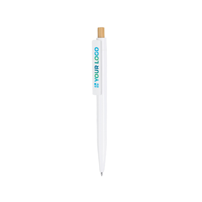 Caneta de plástico e botão de bambu com tinta azul