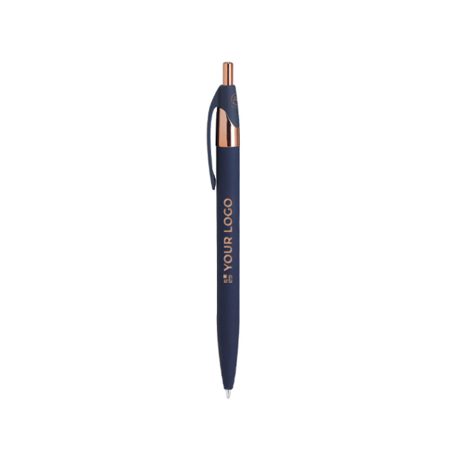 Caneta de alumínio reciclado com detalhes em ouro rosa e tinta azul